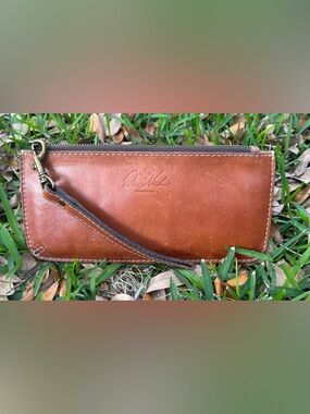 Patricia Nash Tan Brown Leather Wristlet with Contrast Stitching